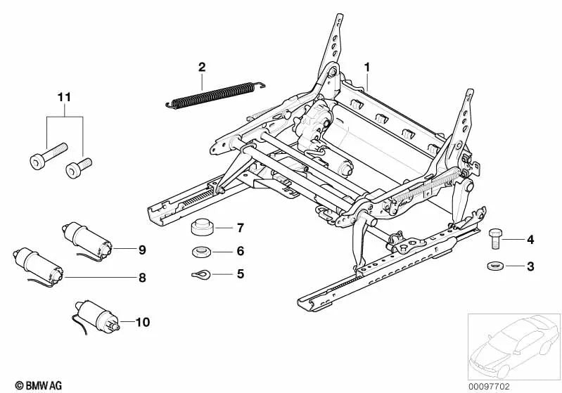 Actuador de ajuste del respaldo para BMW Serie 3 E46, Serie 6 E63, E63N, X3 E83, E83N, X5 E53, Z4 E85, E86 (OEM 52107112656). Original BMW