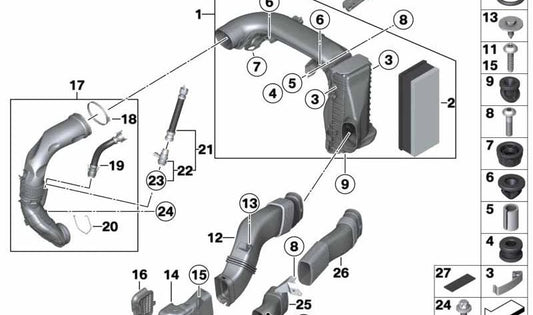 Tubo d'aria per BMW 3 F30 Series, F31, F34, 4 F32, F33, F36, X3 F25, X4 F26, X5 F15, X6 F16 (OEM 13718507369). BMW originale