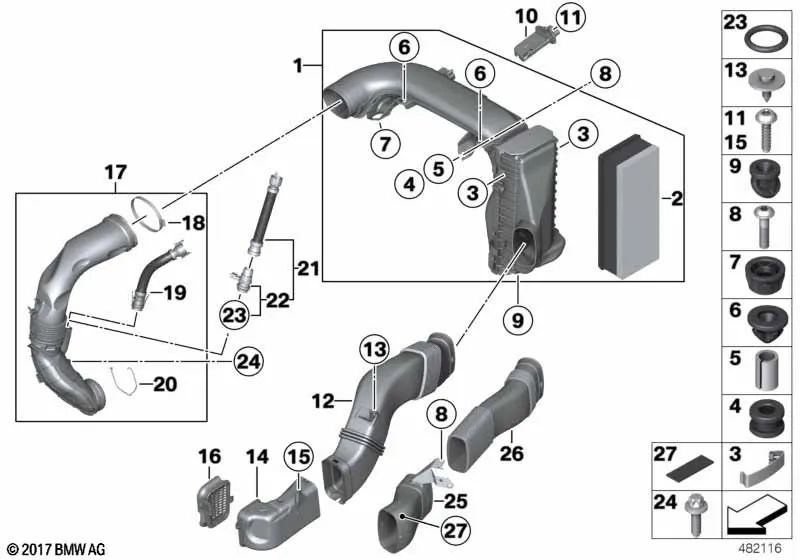 Conducto de admisión para BMW Serie 5 F07, F10, F11, Serie 6 F06, F12, F13, Serie 7 F01N, F02N (OEM 13718513454). Original BMW