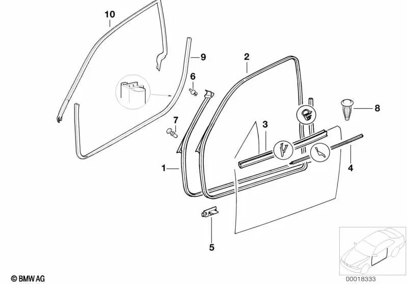 Junta puerta delantera derecha para BMW Serie 3 E36 (OEM 51718219550). Original BMW