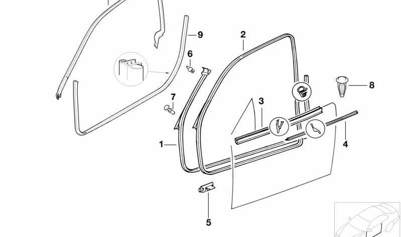 Cubierta interior izquierda del canal de la ventana OEM 51218201063 para BMW E36. Original BMW.