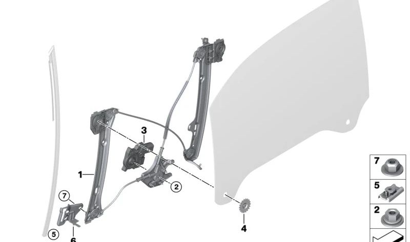 Mecanismo del elevalunas eléctrico sin motor delantero derecho OEM 51337352876 para BMW i3 (I01). Original BMW.