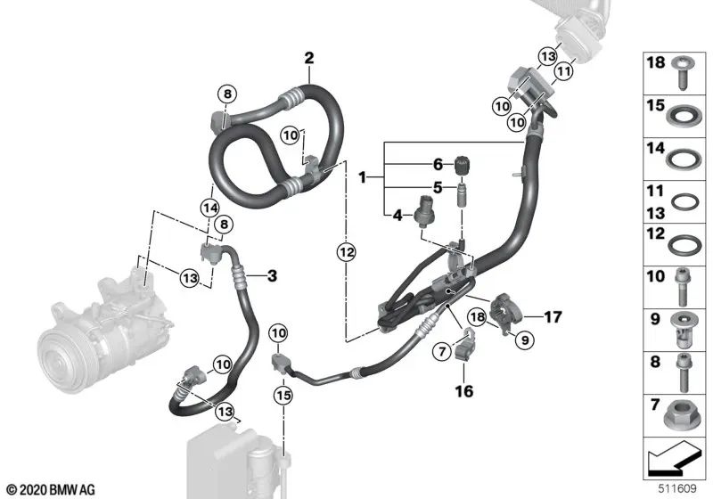 Tubo de refrigerante Doble para BMW F20N, F21N, F22, F23, F30N, F31N, F34N, F35N, F32, F33, F36 (OEM 64539337126). Original BMW.