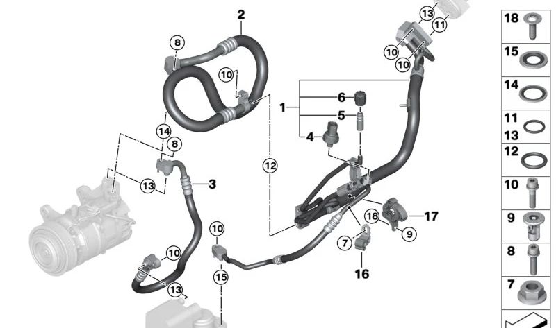 Tubería de alta presión del compresor al condensador OEM 64539337130 para BMW (Modelos compatibles: F20, F21, F22, F23, F30, F31, F34, F35, F32, F33, F36). Original BMW.