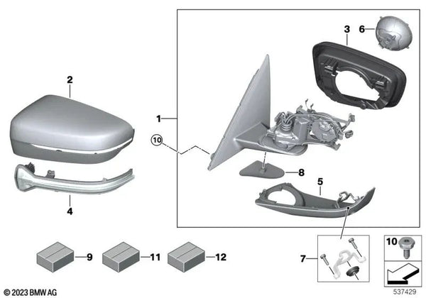 Espejo exterior calefactado Memory Bus derecho para BMW G30, G31 (OEM 51167485126). Original BMW.