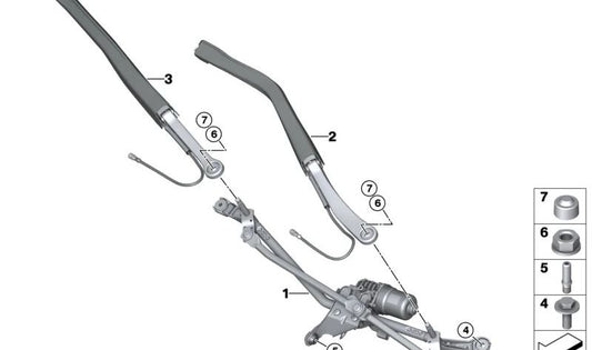 Meccanismo del tergicristallo per il parabrezza per la serie BMW 7 G70 (OEM 61615A709C2). BMW originale.