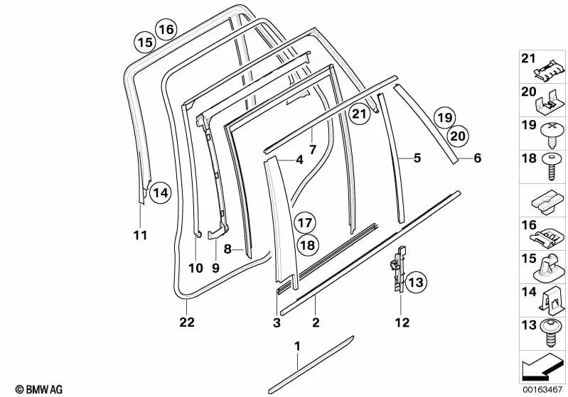 Sellado de canal interior puerta trasera derecha para BMW X5 E70, E70N (OEM 51357228030). Original BMW