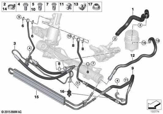 Expansion Hose for Active Steering for BMW E82, E88, E90, E91, E92, E93 (OEM 32416784394). Original BMW