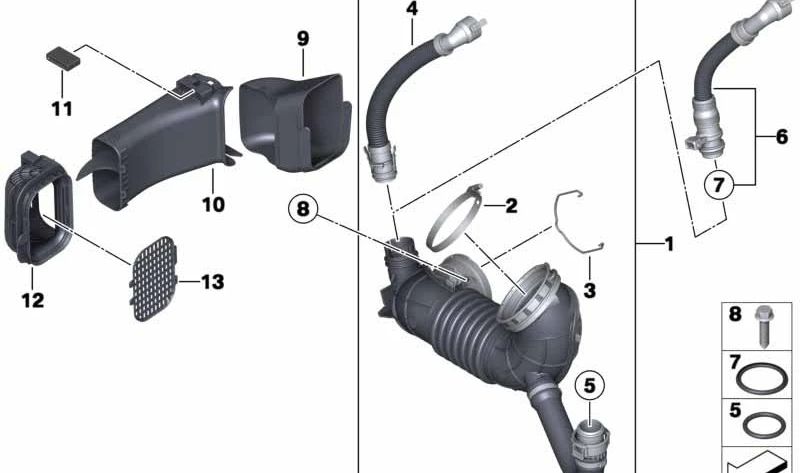 Tubo de admissão OEM 13718513170 para BMW F20, F21, F22, F30, F31, F32, F33, F34. BMW original.