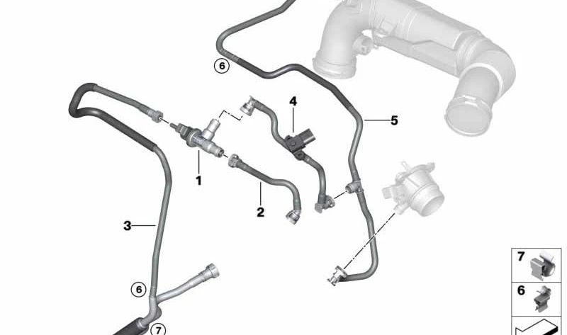 Conducto de ventilación del tanque con resonador para BMW Serie 2 F45, F46, X1 F48, F49, MINI F54, F55, F56, F57, F60 (OEM 13908642845). Original BMW