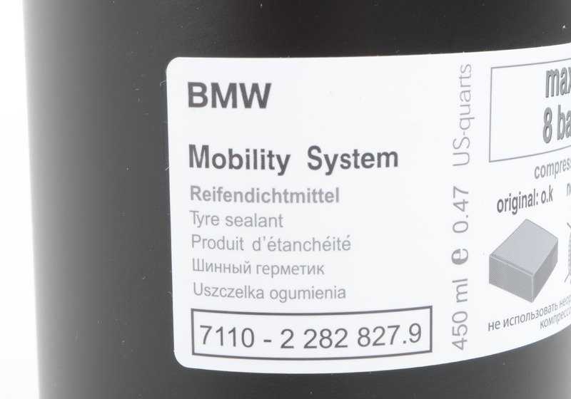 Botella de sellador de neumáticos para BMW F87, F87N Serie 2, F80, F80N Serie 3, F82, F82N, F83, F83N Serie 4, F10 Serie 5, F06, F06N, F12, F12N, F13, F13N Serie 6, G12 Serie 7, F25 X3, F26 X4, F15, F85 X5, F16, F86 X6 (OEM 71102282827). Original BMW