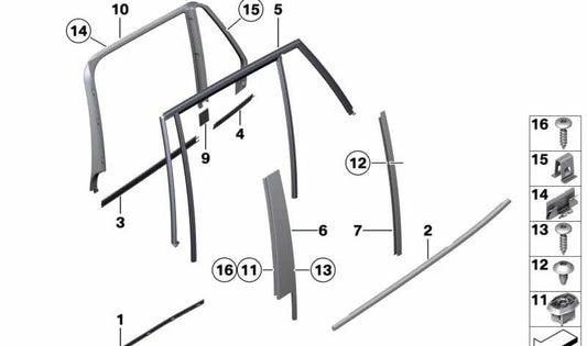 Embellecedor del perfil de guía de ventana izquierdo para BMW E84 (OEM 51352990885). Original BMW