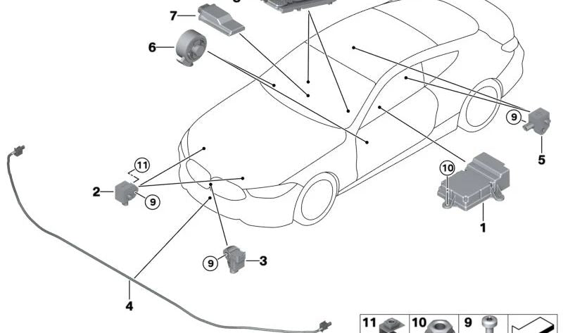 Sensor de protección para peatones PTS OEM 65765A4FAA3 para BMW F90, G30, F91, F92, F93, G14, G15, G16, G29. Original BMW.