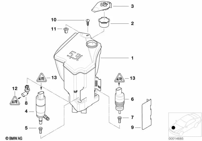 Headlight cleaning system reservoir for BMW E85, E86 (OEM 61677110854). Genuine BMW.