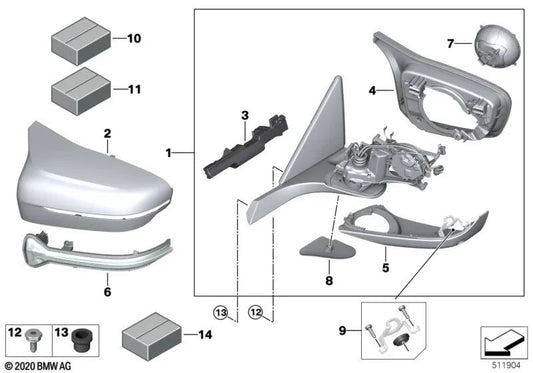 Espejo exterior calefactado con memoria Bus derecho para BMW F91, F92, F93 (OEM 51168080268). Original BMW