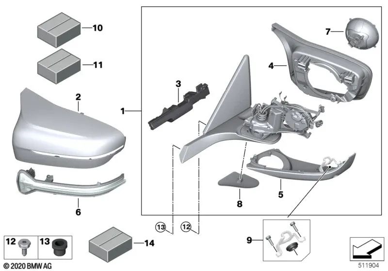 Beheizbarer Außenspiegel mit Memory links für BMW 8er F91, F92, F93 (OEM 51168080275). Original BMW