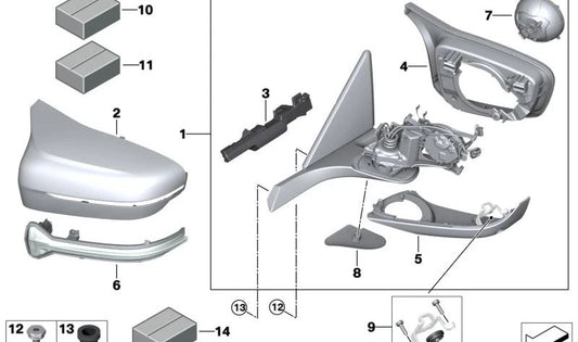 Retrovisor exterior derecho calefactable con función memory para BMW Serie 8 (F91, F92, F93). Original BMW OEM 51168080272.