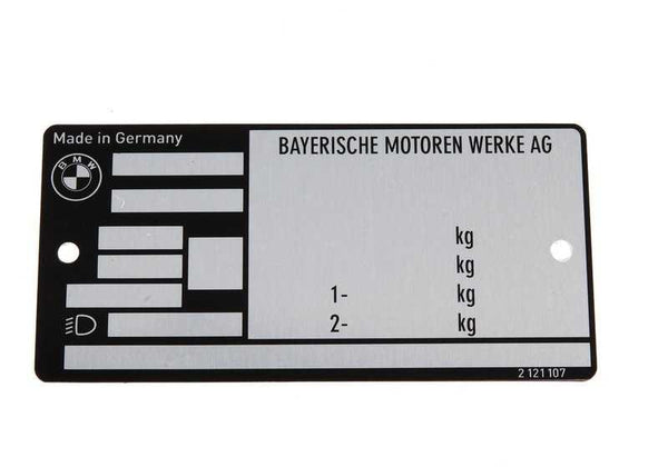 Placa de identificación para BMW Serie 3 E21, E30, Serie 5 E12, E28, E34, Serie 6 E24, Serie 7 E23, E32, E38, Serie 8 E31 (OEM 51142121107). Original BMW