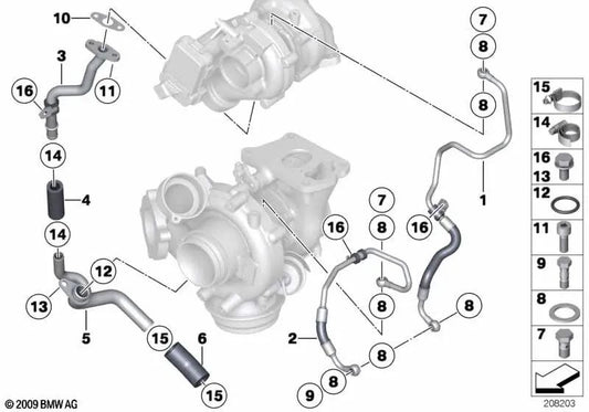 Tubería de aceite para BMW Serie 3 F30, F31, F34, Serie 4 F32, F33, F36, Serie 5 F07, F10, F11, Serie 6 F06, F12, F13, Serie 7 F01N, X3 F25, X4 F26, X5 F15, X6 F16 (OEM 11428508038). Original BMW.