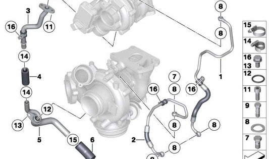 Oil Pipe for BMW 3 Series F30, F31, F34, 4 Series F32, F33, F36, 5 Series F07, F10, F11, 6 Series F06, F12, F13, 7 Series F01N, X3 F25, X4 F26, X5 F15, X6 F16 (OEM 11428508037). Original BMW