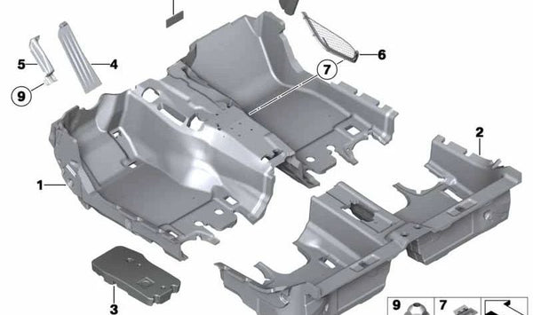 Revestimiento del suelo trasero para BMW Serie 6 F06, F06N (OEM 51477296253). Original BMW