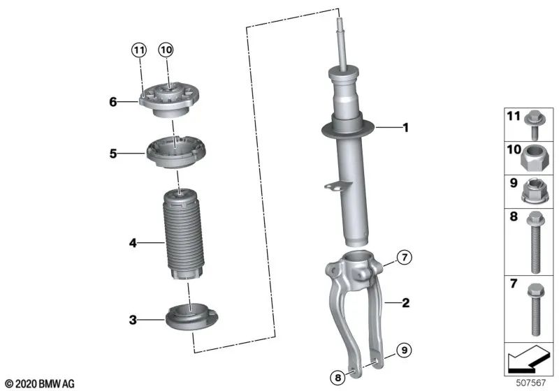 Amortiguador delantero derecho para BMW Serie 5 G30, G30N (OEM 31316875922). Original BMW