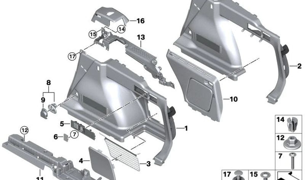 Revestimiento lateral derecho del maletero OEM 51475A55CC8 para BMW Serie 3 Touring (G21) y BMW M3 Touring (G81). Original BMW.