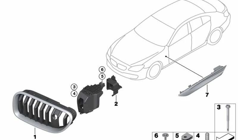 Rejilla decorativa delantera derecha para BMW Serie 6 F12, F13 (OEM 51138050538). Original BMW