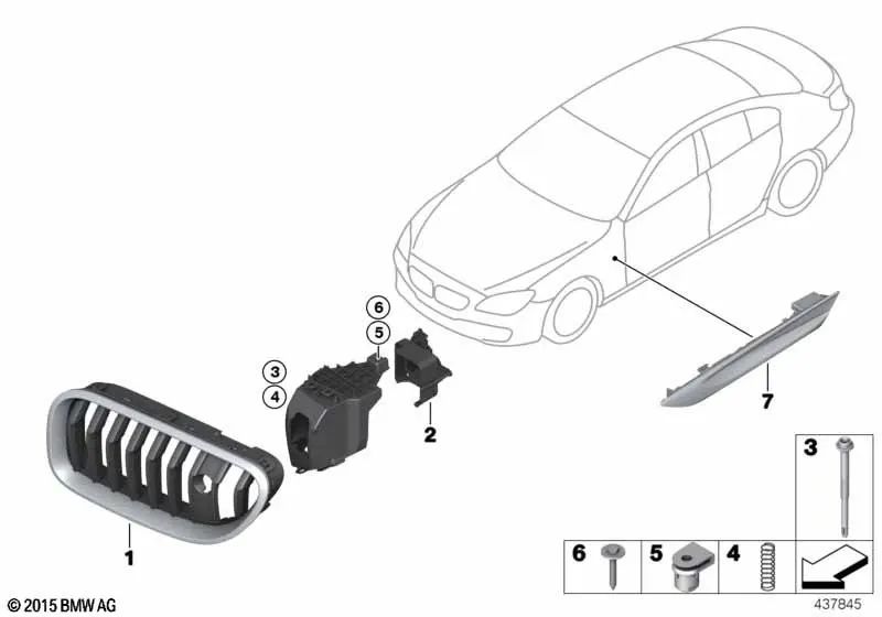 Rejilla decorativa lateral delantero derecho para BMW Serie 6 F06N, F12N, F13N (OEM 51137370396). Original BMW