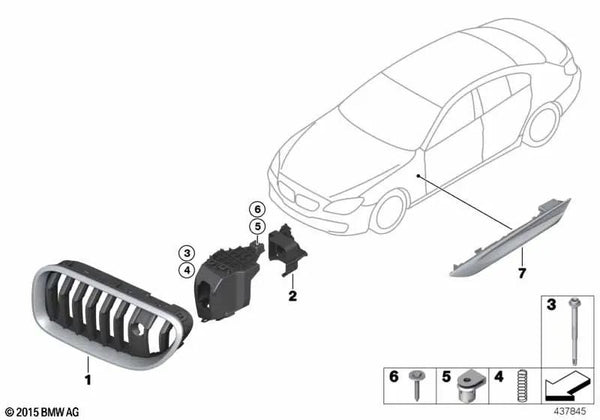 Rejilla decorativa delantera derecha para BMW Serie 6 F06N, F12N, F13N (OEM 51137370390). Original BMW.