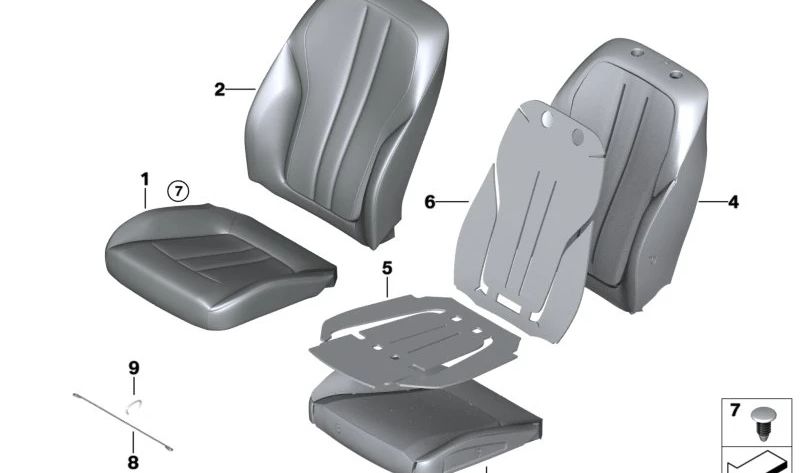 Rechte Leder-Rückenlehnenbasisabdeckung für BMW 5er G30, G31, 6er G32, 7er G11, G12 (OEM 52107412700). Original BMW.