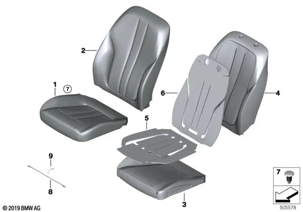 Funda de respaldo de asiento deportivo de cuero izquierdo para BMW G30, G30N, G31, G31N Serie 5, G32, G32N Serie 6 (OEM 52107457707). Original BMW