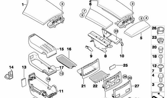 Bandeja de almacenamiento reposabrazos central para BMW E60, E61 (OEM 51167115053). Original BMW