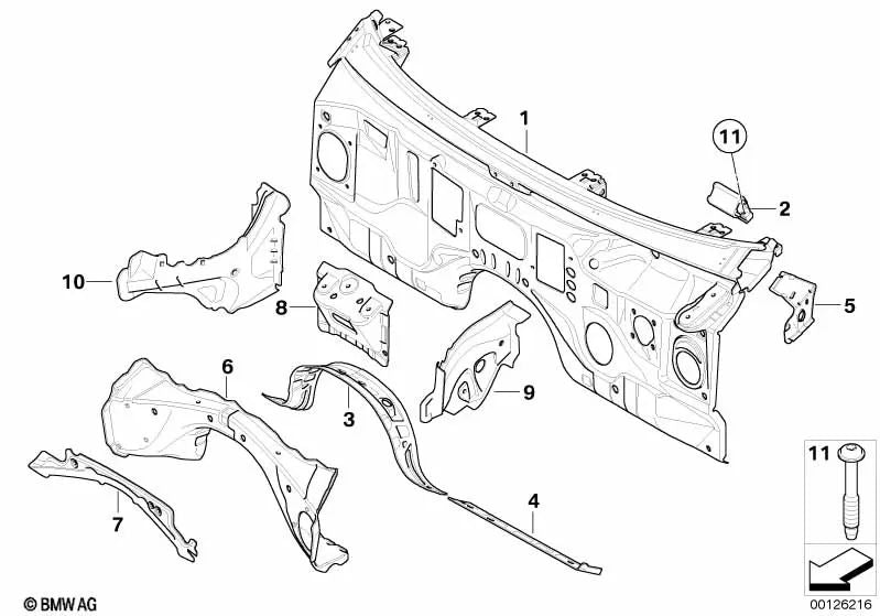 Soporte del sistema de limpiaparabrisas para BMW E60, E60N, E61, E61N, E63, E63N, E64, E64N (OEM 41137111090). Original BMW