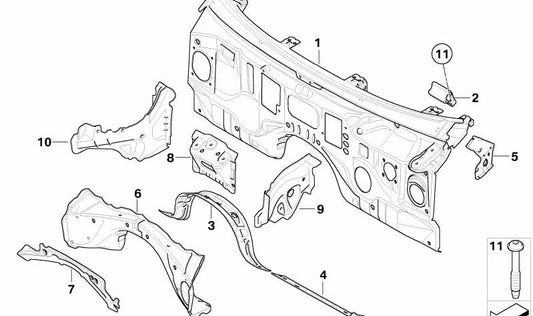 Soporte frontal izquierdo (Stützträger) OEM 41117111087 para BMW E60, E61, E63, E64. Original BMW.