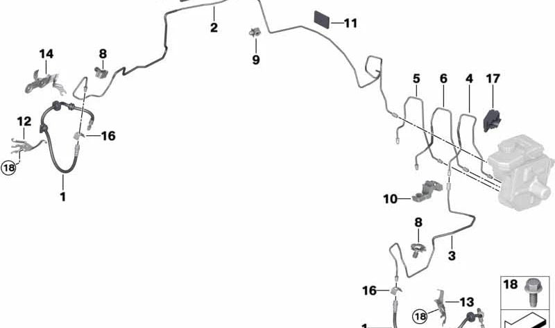 Tubería sistema de frenos integrada OEM 34306894401 para BMW G11, G12, F91, F92, F93, G14, G15, G16. Original BMW.