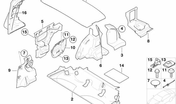 Aislamiento acústico guardabarros trasero derecho para BMW Serie 3 E46 (OEM 51488252762). Original BMW