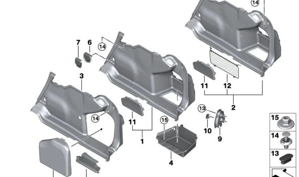 Compartimento lateral del maletero OEM 51477451292 para BMW G20, G28, G80, G22, G82. Original BMW.