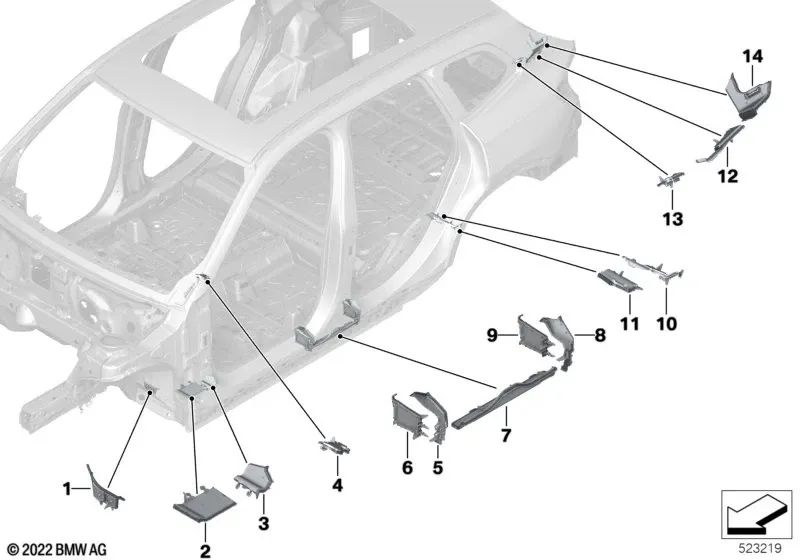 Right external entry form part for BMW X1 U11, U12 (OEM 41009479362). Original BMW.