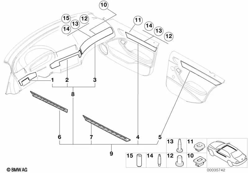 Right front aluminum door decorative strip for BMW 3 Series E46 (OEM 51417830190). Genuine BMW