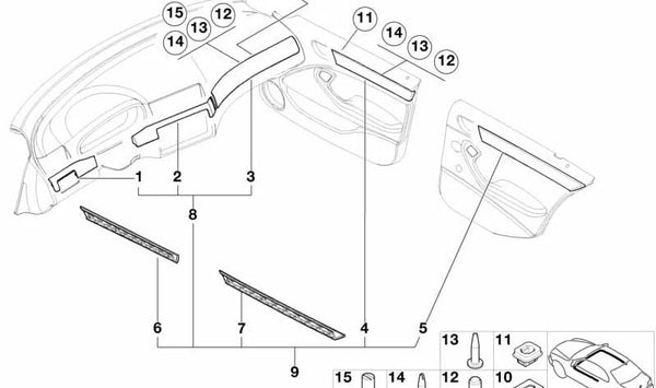 Moldura interior de puerta trasera derecha OEM 51428235234 para BMW E46. Original BMW.