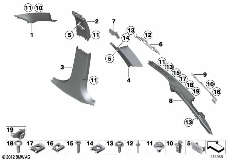 Cubierta pilar A izquierda para BMW F30, F31, F80 (OEM 51437288211). Original BMW.