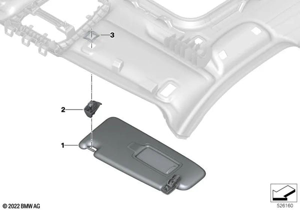 Contraplaca de parasol para BMW Serie 2 U06, Serie 3 G20, G20N, G28N, Serie 5 G30, G30N, G31, G31N, G38, G38N, Serie 6 G32, G32N, Serie 8 G15, G16, X1 U11, U12, X6 G06 (OEM 51167465198). Original BMW.