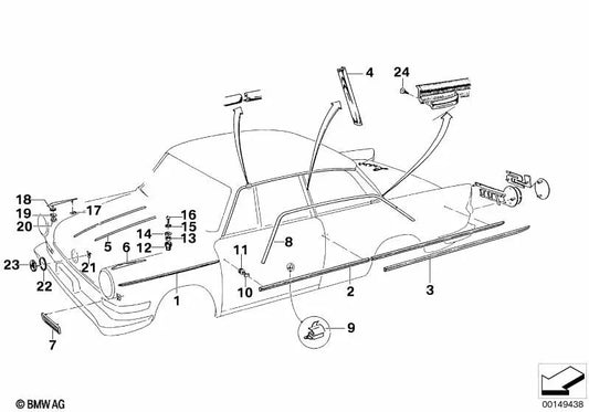 Moldura lateral pared trasera izquierda para BMW F07, F10, F11, F06, F12, F13, F01N, F02N (OEM 51135001867). Original BMW.