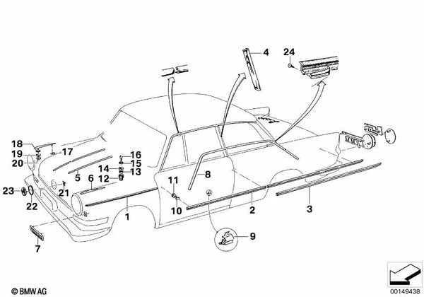 Moldura lateral trasera derecha para BMW E46, E53, E70 (OEM 51135001868). Original BMW.