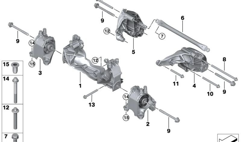 Left engine mount for BMW G26E, G26F (OEM 22118838969). Original BMW