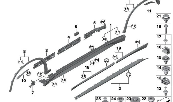 Listón de sujeción faldón lateral trasero derecho para BMW F48, F48N (OEM 51777332334). Original BMW