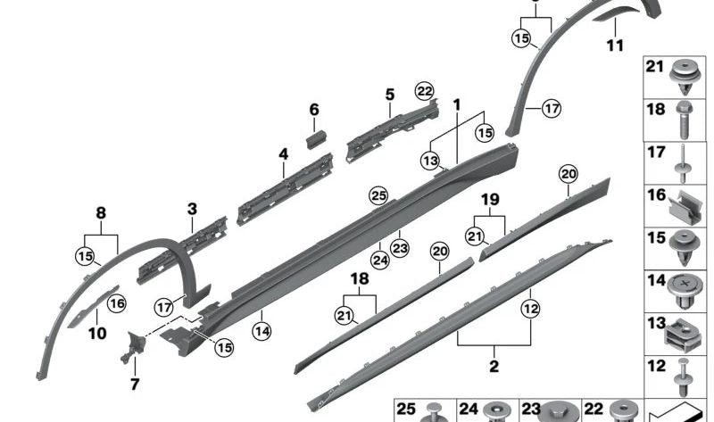 Moldura central derecha del faldón lateral OEM 51777332332 para BMW F48, F49. Original BMW.