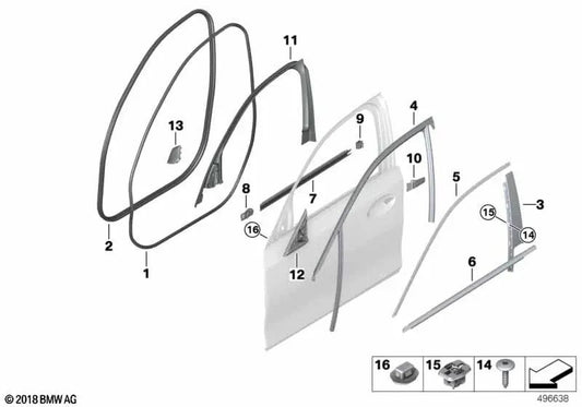 Right front door upper window frame molding for BMW G20, G21N, G28, G80, G81 (OEM 51337465170). Genuine BMW.