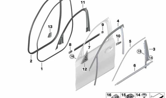 Guía del cristal de puerta delantera derecha OEM 51337407404 para BMW G20, G21, G28, G80, G81. Original BMW.